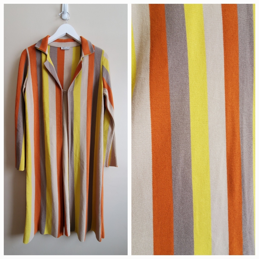 Vakko Women Collar Sweater Cardigan with hook, orange, yellow and tan stripes